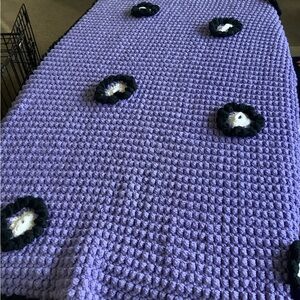 Hand loomed crocheted popcorn wool purple floral granny square throw 52x40